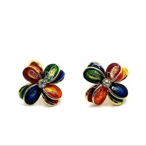 Earrings Flowers Colorful Enamel Rhinestone Studs